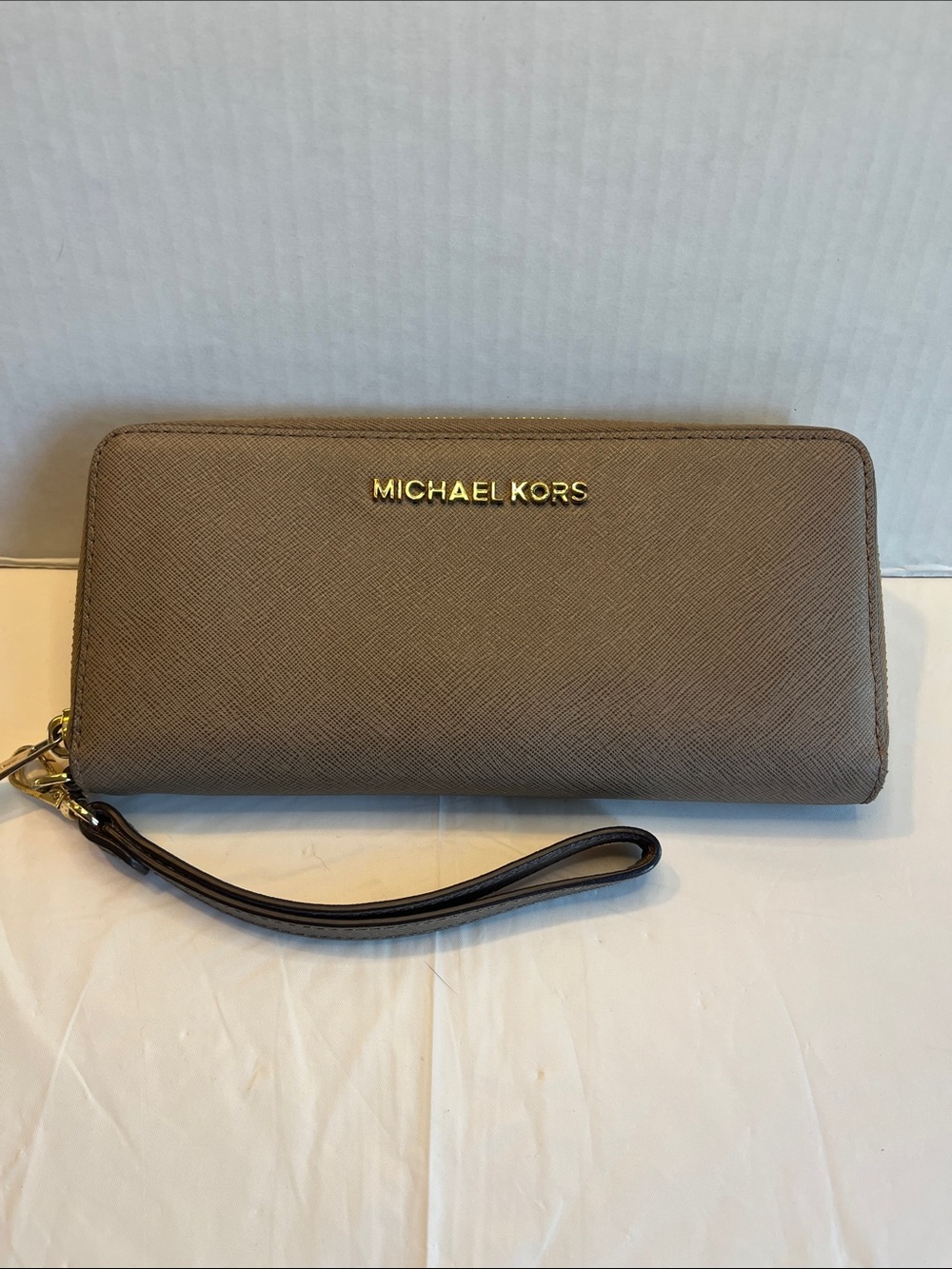 Michael Kors Taupe Saffiano Leather Zip-Around Wristlet Wallet with Gold Logo